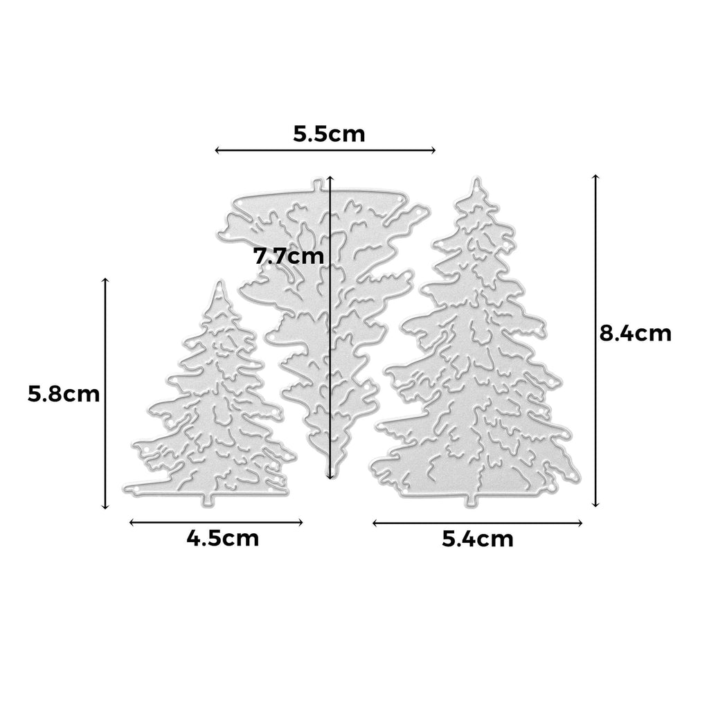 Ein Diagramm, das die Maße von drei Stanzschablonen zeigt: Drei Tannenbäume von Stanzenshop.de.