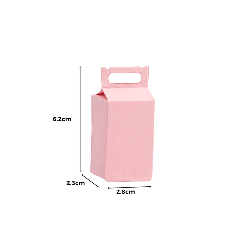 Ein rosafarbener Mini-Milchkarton von Stanzenschop.de mit Maßangaben und einem Griff.