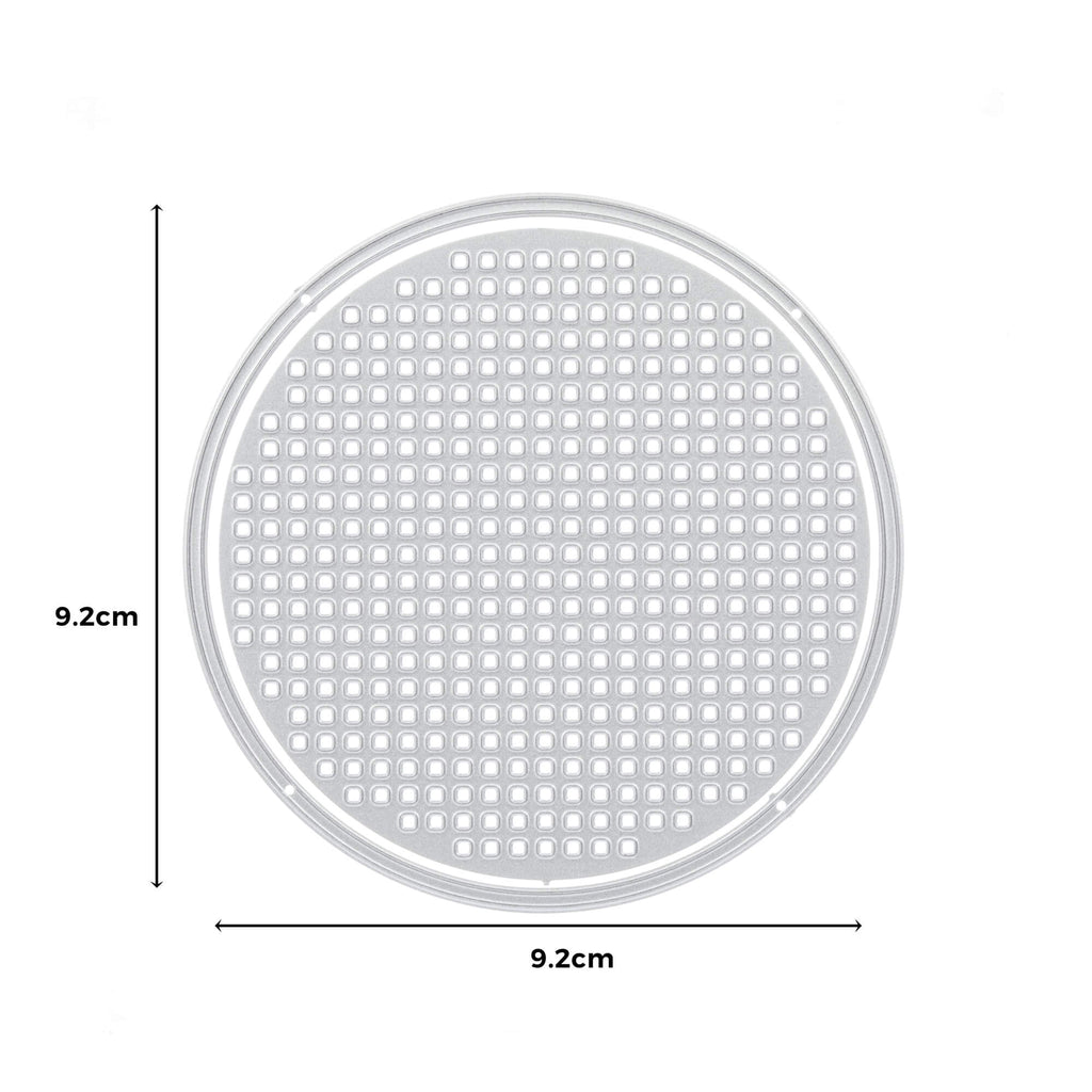 Ein Diagramm, das die Maße einer Stanzschablone: Kreis mit Wabenmuster Metallplatte von Stanzenshop.de zeigt.