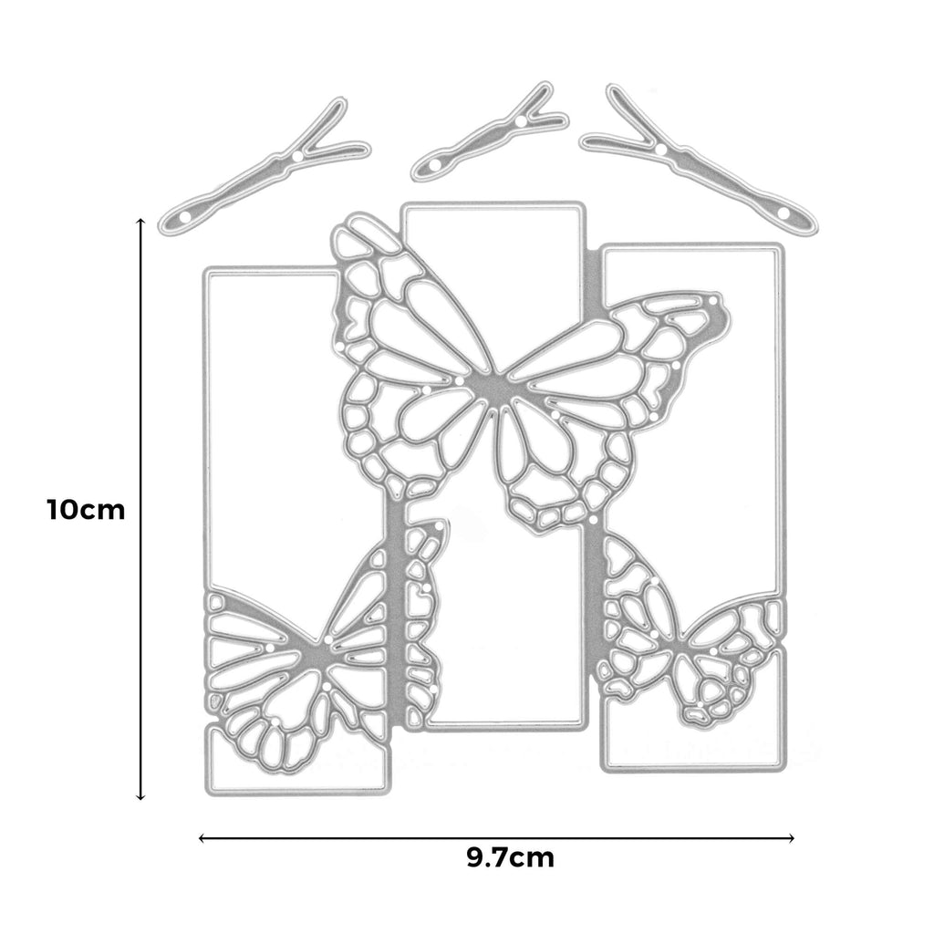 Ein Bild von Stanzschablonen: drei Schmetterlinge im Rahmen von stanzenshop.de und eine Schere; erhältlich bei stanzenshop.de unter