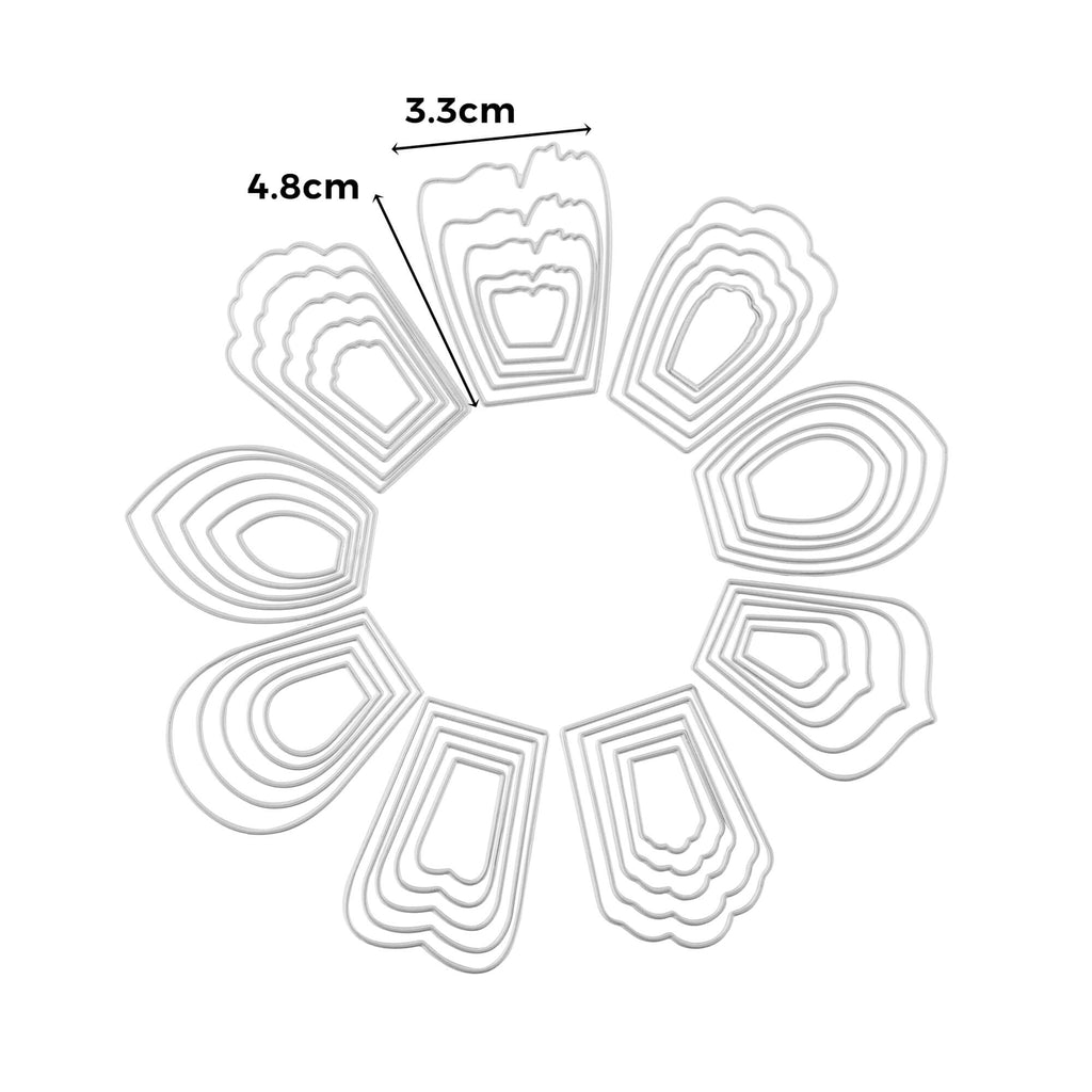 Ein Diagramm, das die Maße einer Stanzschablone zeigt: Neun verschiedene Blüten von Stanzenshop.de.