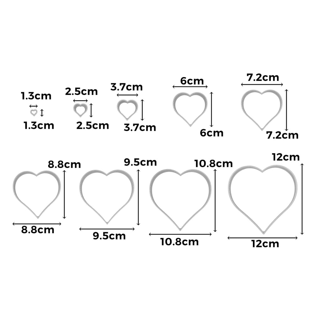 Ein Diagramm, das die Größen verschiedener Herzformen zeigt, mit der Stanzschablone: Zehn Herzen in verschiedenen Größen von Stanzenshop.de.