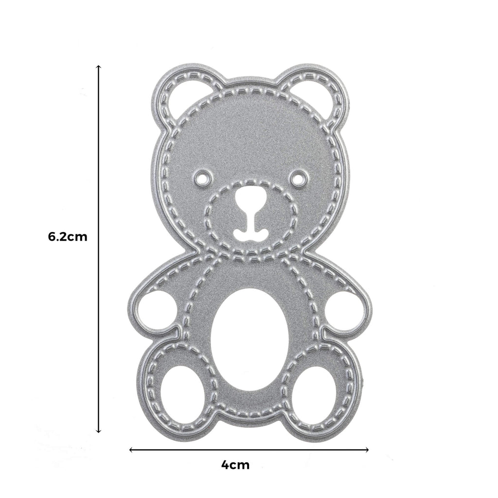Ein optisch ansprechendes Bild mit einem Teddybären und präzisen Maßen, das die Verwendung einer Stanzschablone Teddybär auf Papiermaterialien fördert.