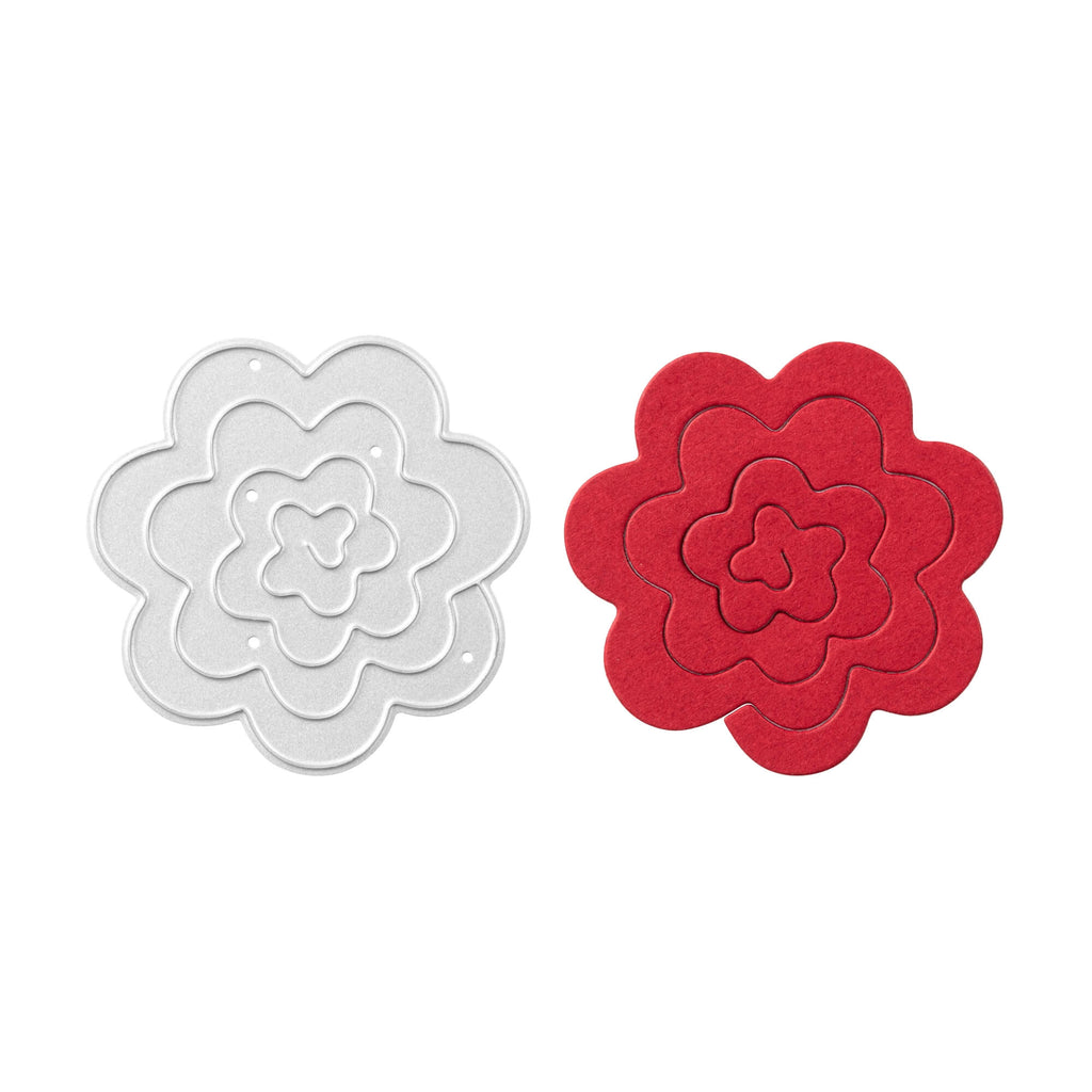 Zwei Untersetzer in Blumenform, hergestellt mit einer Stanzschablone Rosenblüte von Stanzenshop.de auf einer weißen Oberfläche.