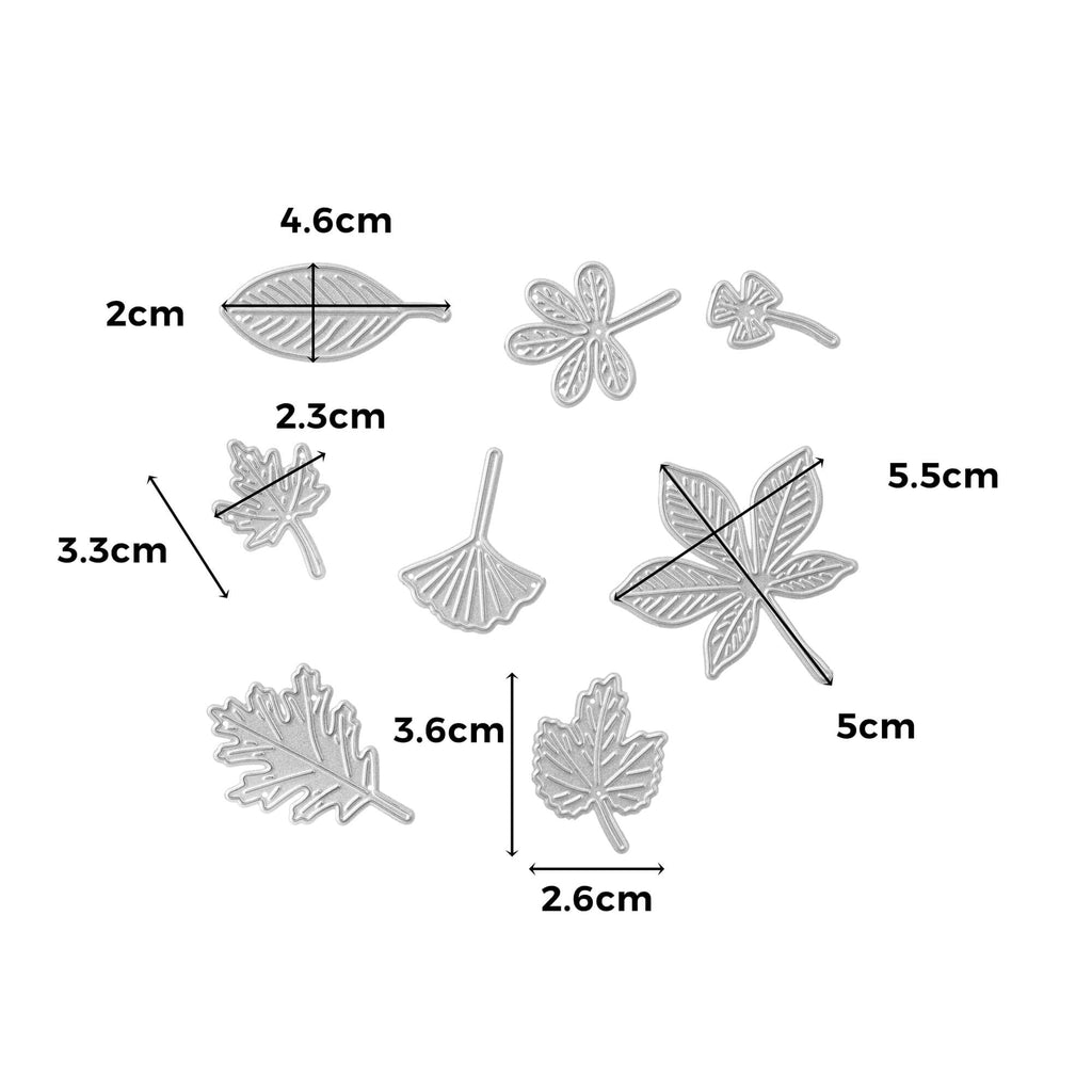 Ein Diagramm mit den Maßen verschiedener Blattformen von Stanzenshop.de Stanzschablone: Acht Blätter als einzelne Stanzen.