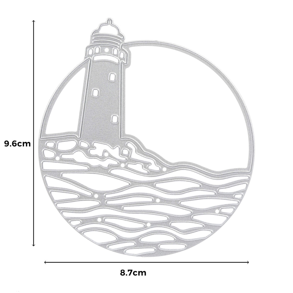 Eine Stanzschablone Leuchtturm und Meer in rundem Rahmen von Stanzenshop.de mit Maßangaben.