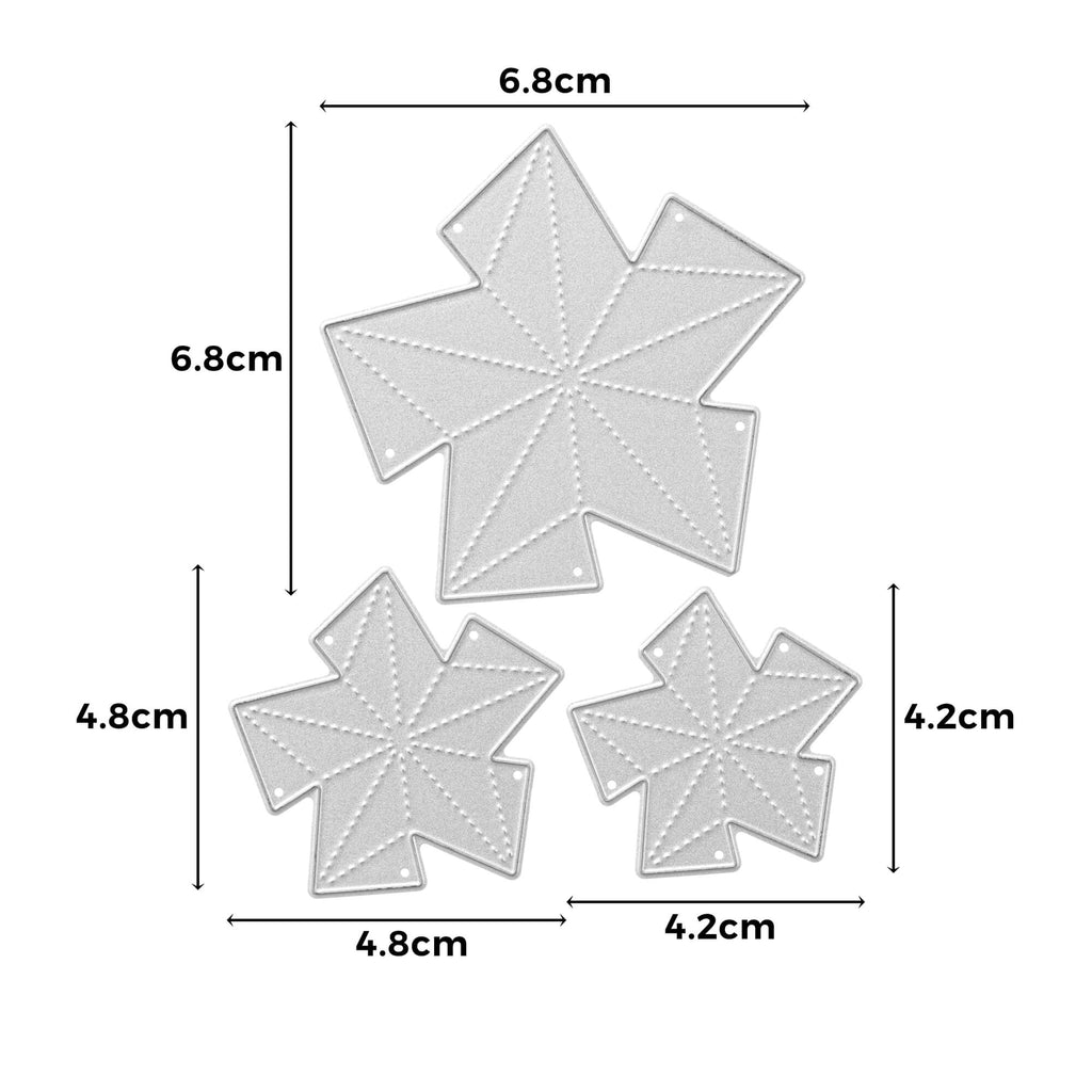 Ein Diagramm, das die Maße eines Satzes von Stanzschablonen: Drei Sterne (dreidimensional) von Stanzenshop.de zeigt.