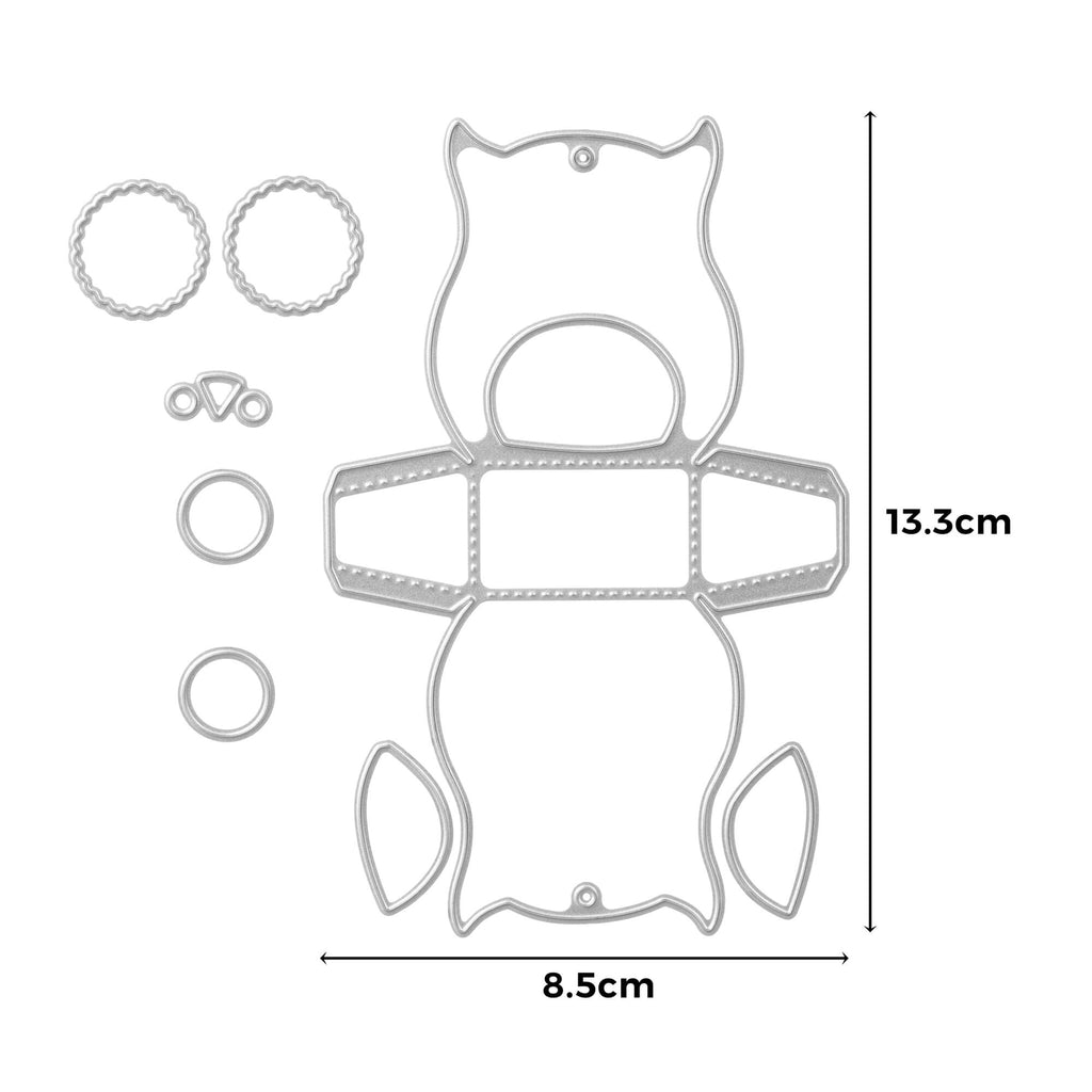 Eine schematische Darstellung der Teile eines Stanzschablone Bastelset für einen Eulen-Teddybären von Stanzenshop.de.