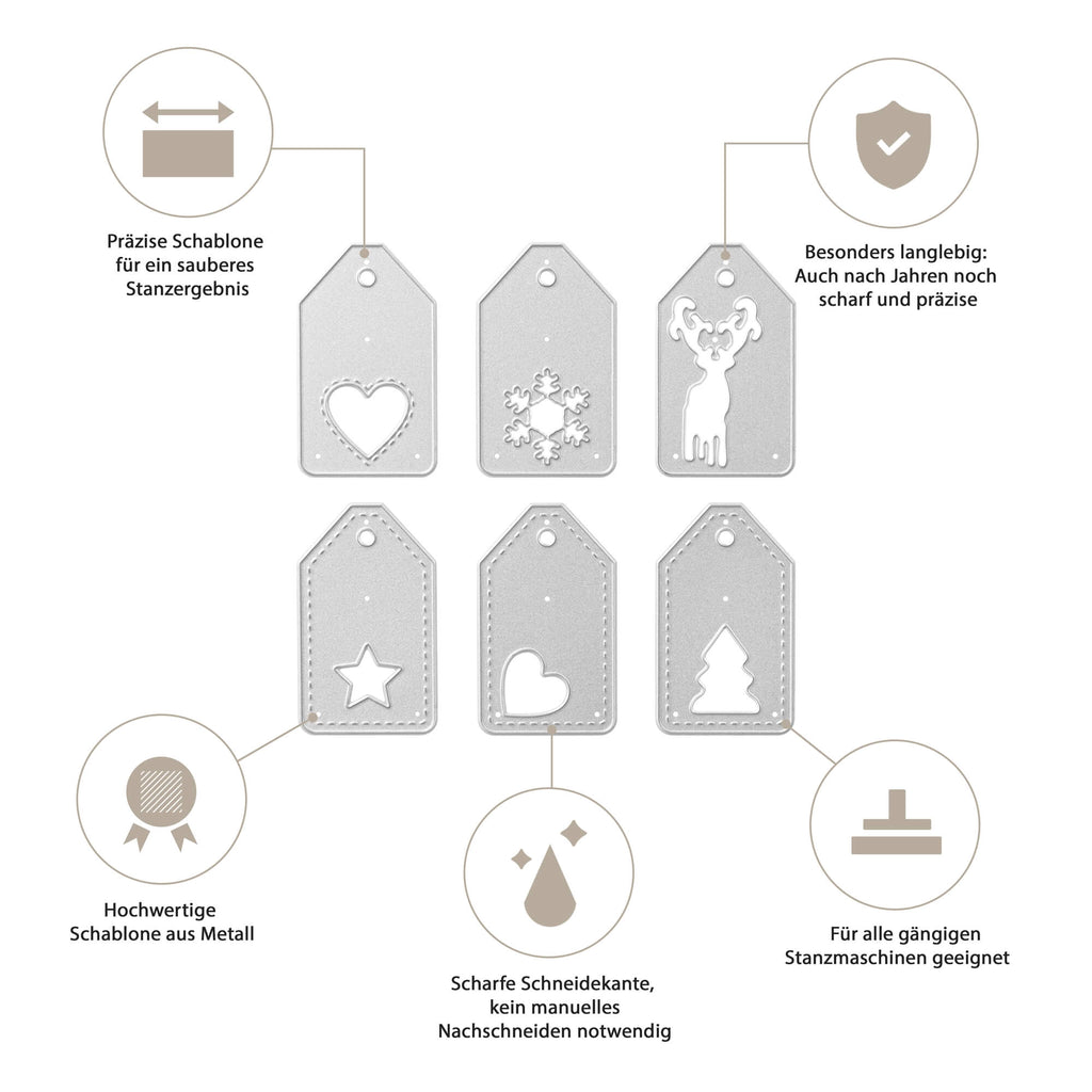 Eine schematische Darstellung verschiedener Arten von Geschenkanhängern „Stanzschablone Fünf Anhänger mit Weihnachtsmotiven“ für Weihnachten und Winter von Stanzenshop.de.