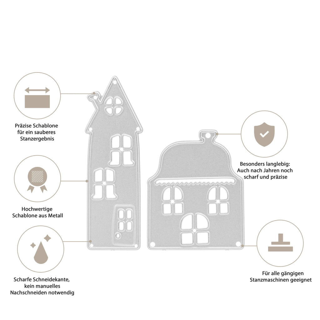 Eine schematische Darstellung der Merkmale von „Stanzschablone: Zwei verschiedene Häuser“ von „Stanzenshop.de“.