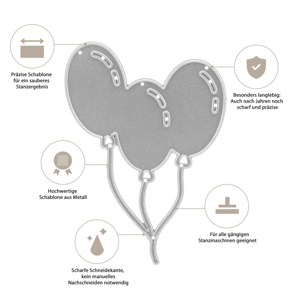 Ein lebendiges Bild mit der Stanzschablone Drei Luftballons von Stanzenshop.de, verziert mit detaillierten und farbenfrohen Designs, die relevante Informationen wie Geburtstage oder besondere Anlässe präsentieren.