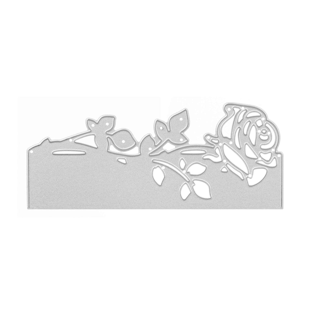 Ein atemberaubendes Bild einer Stanzschablone Rose als Rand und Blätter auf weißem Hintergrund, das die Essenz des Frühlings einfängt. (Marke: Stanzenshop.de)