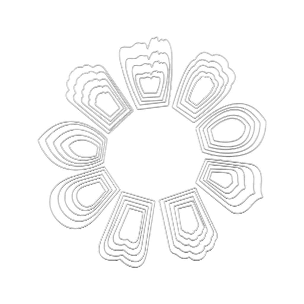 Ein weißer Kreis mit vielen verschiedenen Formen darin, Stanzschablone Neun verschiedene Blüten von Stanzenshop.de.