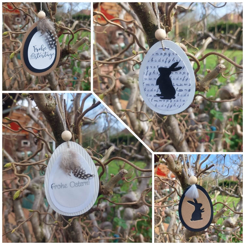 Vier Bilder von Stanzschablonen: Drei verschiedene Kaninchen-Ornamente, die an einem Baum hängen, zu einem erschwinglichen Preis.