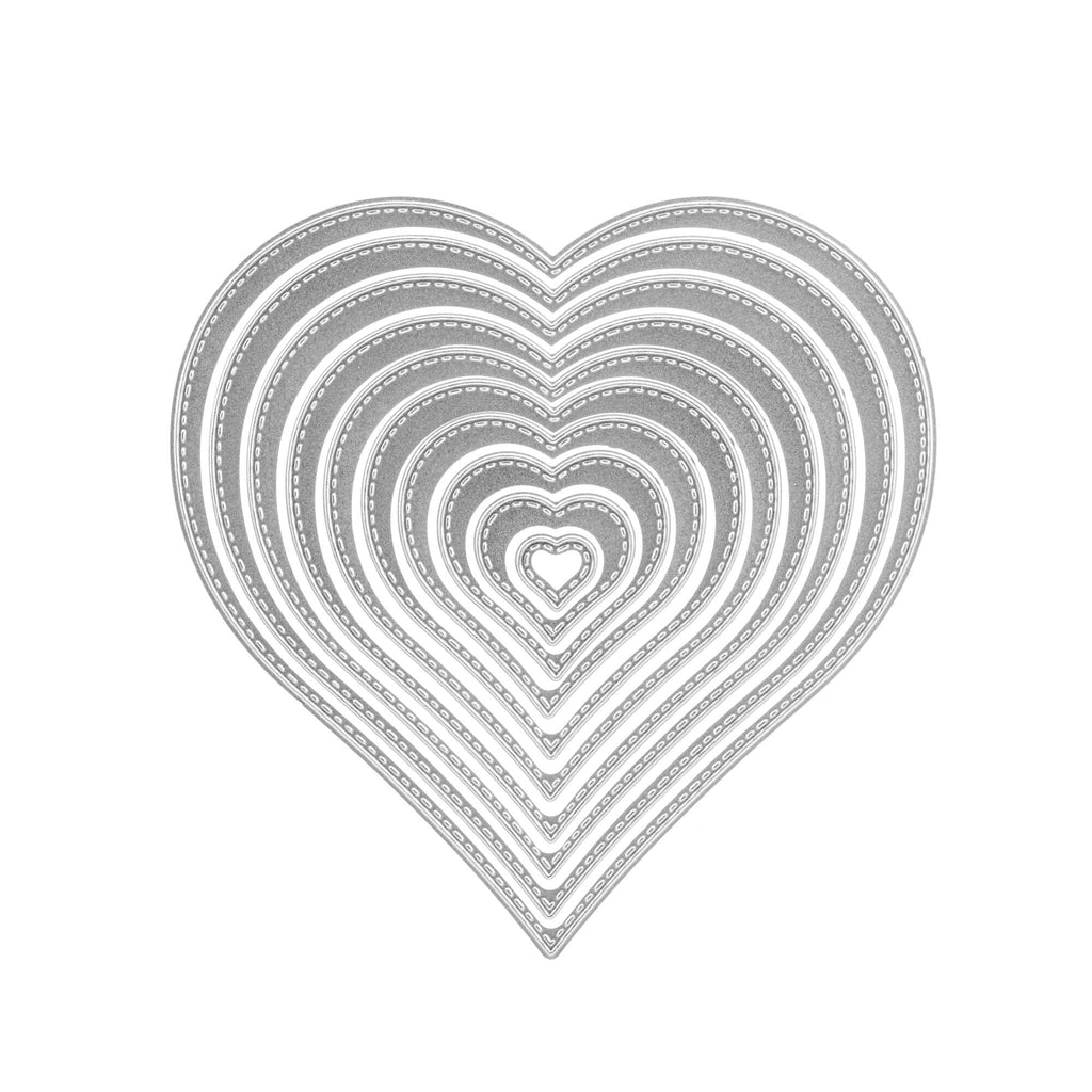 Eine Stanzschablone: Zehn Herzen in verschiedenen Größen von Stanzenshop.de auf weißem Hintergrund.