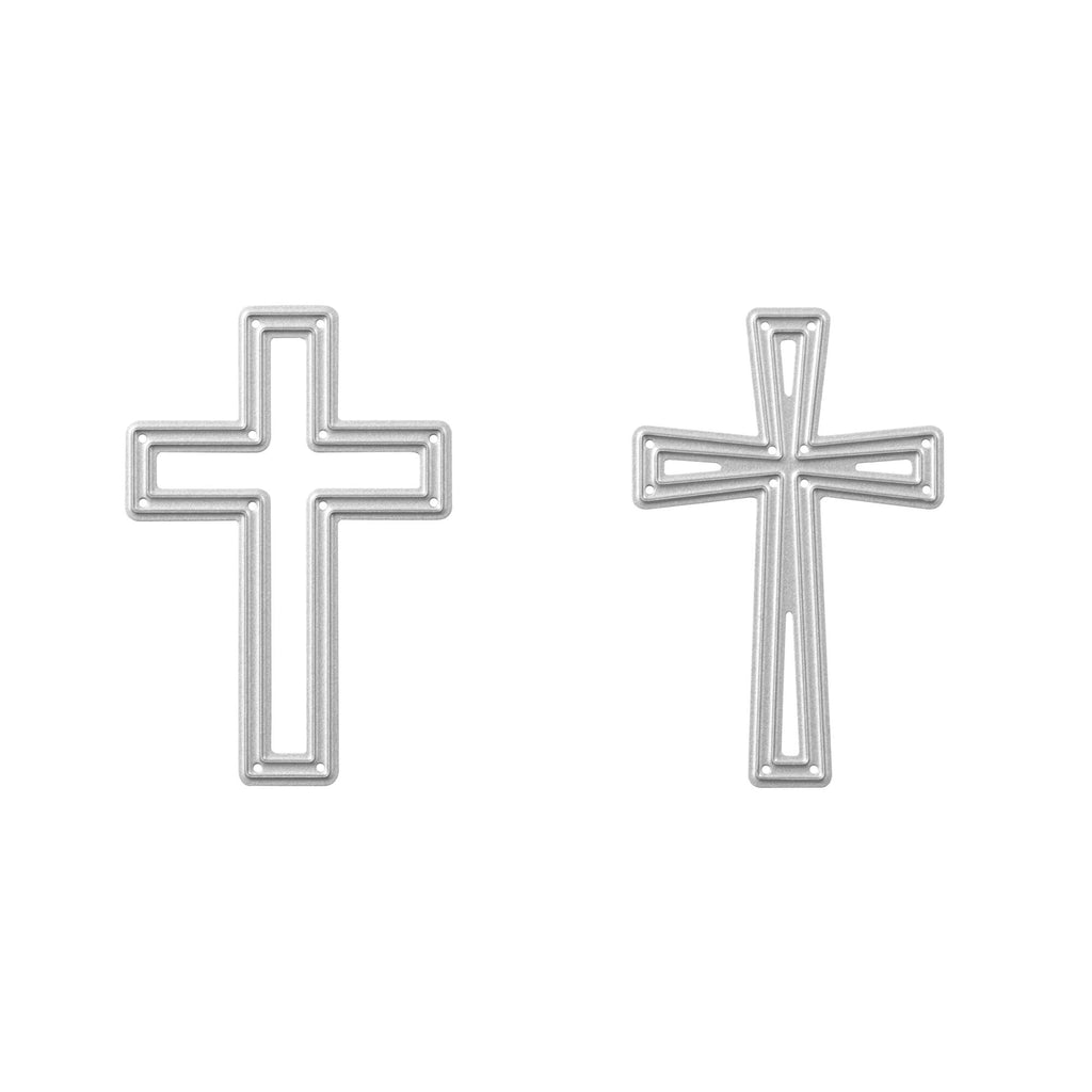 Ein Paar Stanzenschop.de Stanzschablone Zwei Kreuze Ohrringe auf weißem Hintergrund, präzise gefertigt aus hochwertigen Materialien.