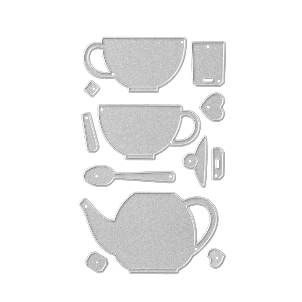 Ein Set Stanzschablone Teetassen und Teekanne Löffel auf weißem Hintergrund von Stanzenshop.de.