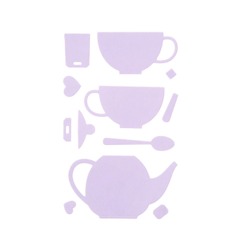 Ein Set Stanzschablone Teetassen und Teekanne Tassen und Löffel auf weißem Hintergrund von Stanzenshop.de.