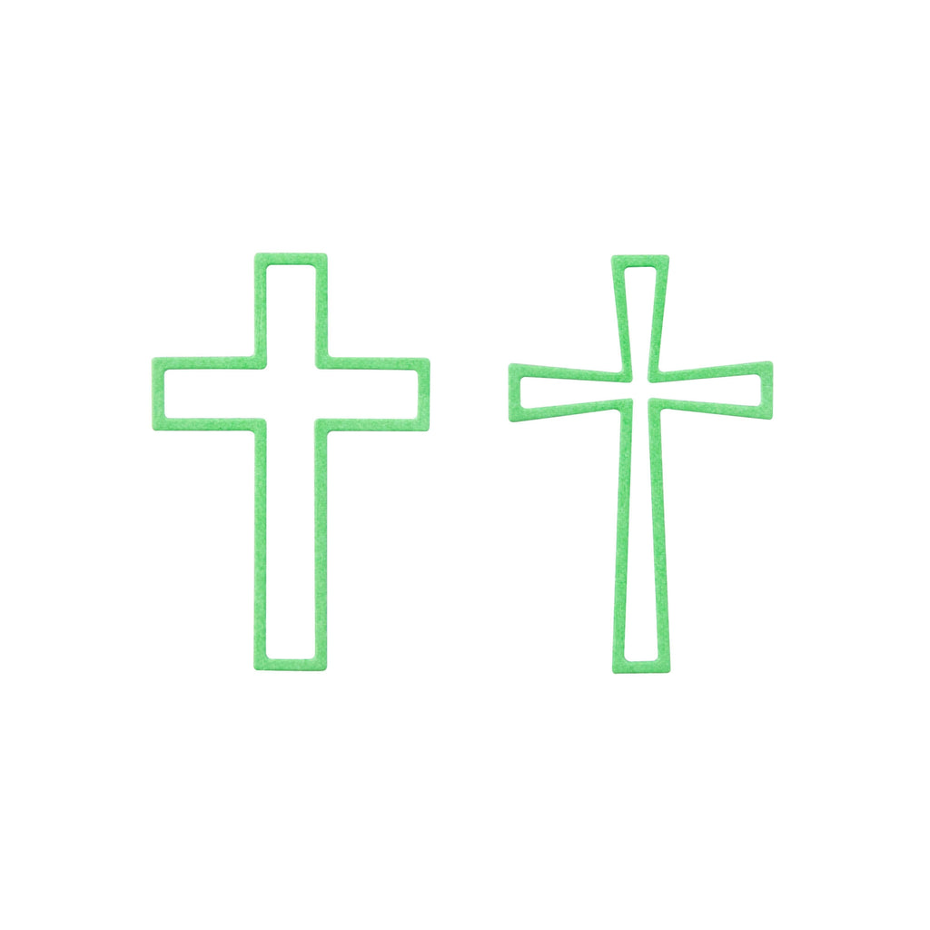 Stanzschablone Zwei Kreuze von Stanzenshop.de mit zwei grünen Kreuzen auf weißem Hintergrund.