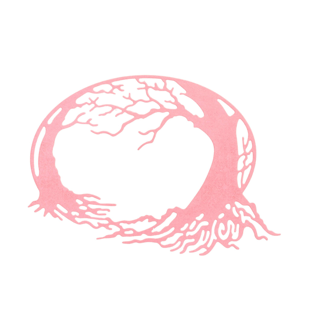Ein rosa Stanzenshop.de Baumkreis mit zwei Bäumen mit Wurzeln in Herzform.