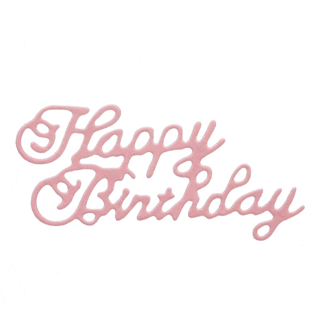 Ein rosa Stanzschablonen-Schriftzug „Happy Birthday klein“-Schild von Stanzenshop.de auf weißem Hintergrund.