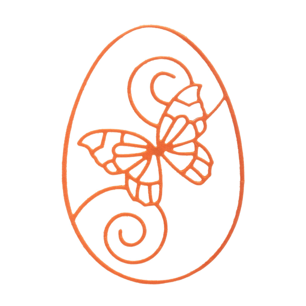Eine orangefarbene Stanzschablone: Schmetterling im Rahmen mit dem Markennamen Stanzenshop.de darauf.
