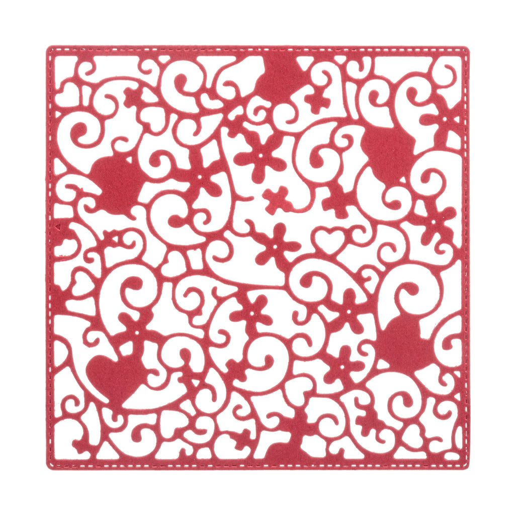 Ein Bild einer Stanzschablone Platte mit Blumen und Herzen in Rot von Stanzenshop.de.