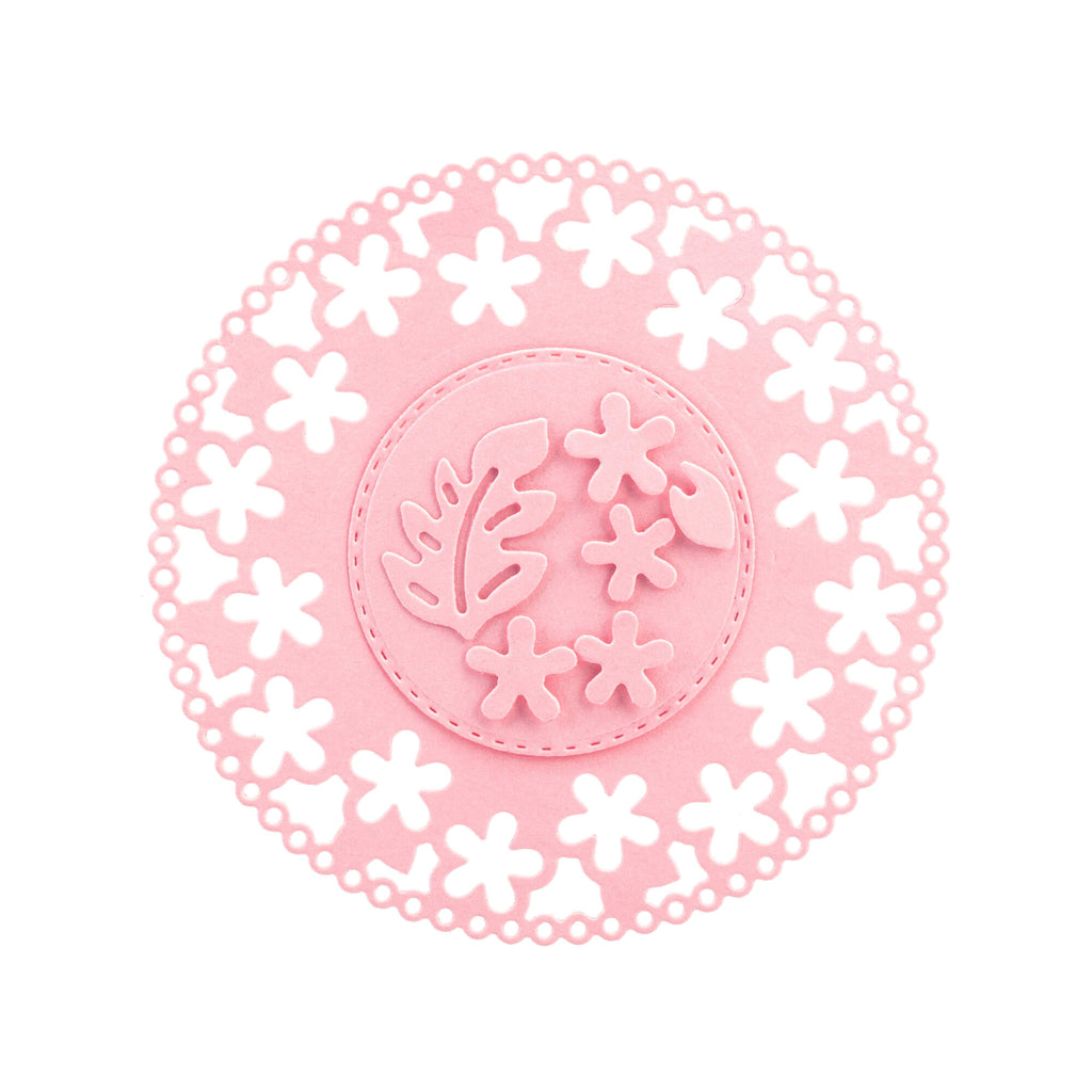 Eine rosa Stanzschablone: Kreis mit Blumen und extra Blüten Teller von Stanzenshop.de.