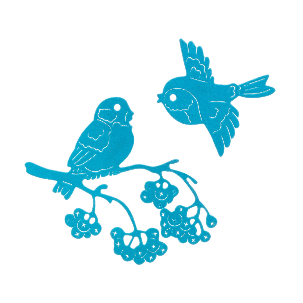 Zwei Vögel sitzen auf einem Ast mit Beeren aus Stanzschablone Zwei Vögel mit einem Ast, Stanze Tiere, Stanzschablone Frühling von Stanzenshop.de.