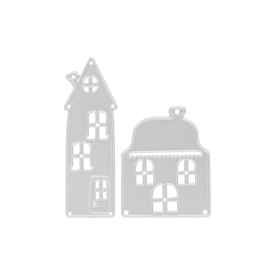 Ein Paar Stanzschablonen: Zwei verschiedene Häuser auf weißem Hintergrund.