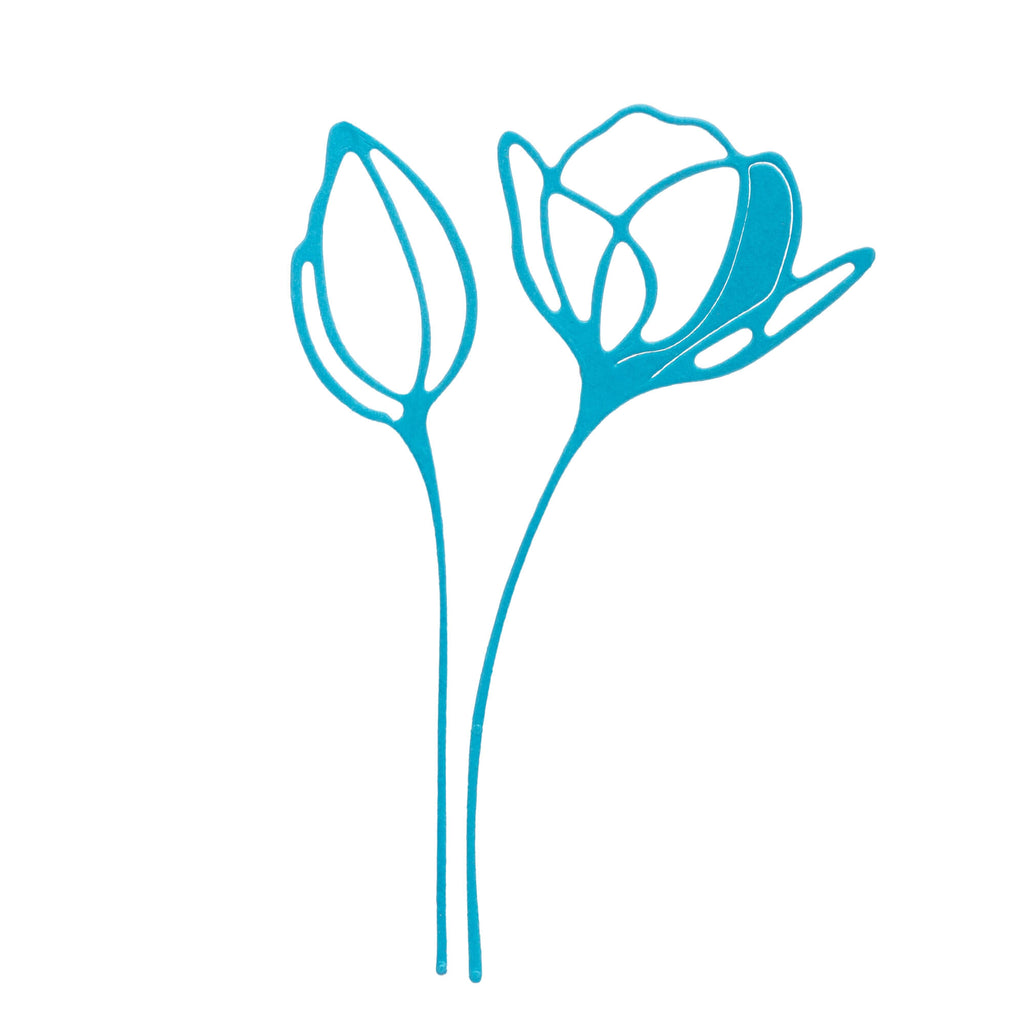 Zwei blaue Blumen von Stanzenshop.de auf weißem Hintergrund mit Stanzschablone Blume mit zwei Blüten.
