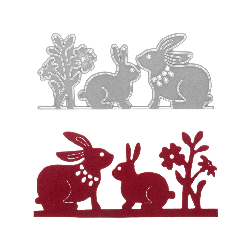 Ein Paar Stanzschablonen: Zwei Hasen und eine Blume von Stanzenshop.de auf weißem Hintergrund.