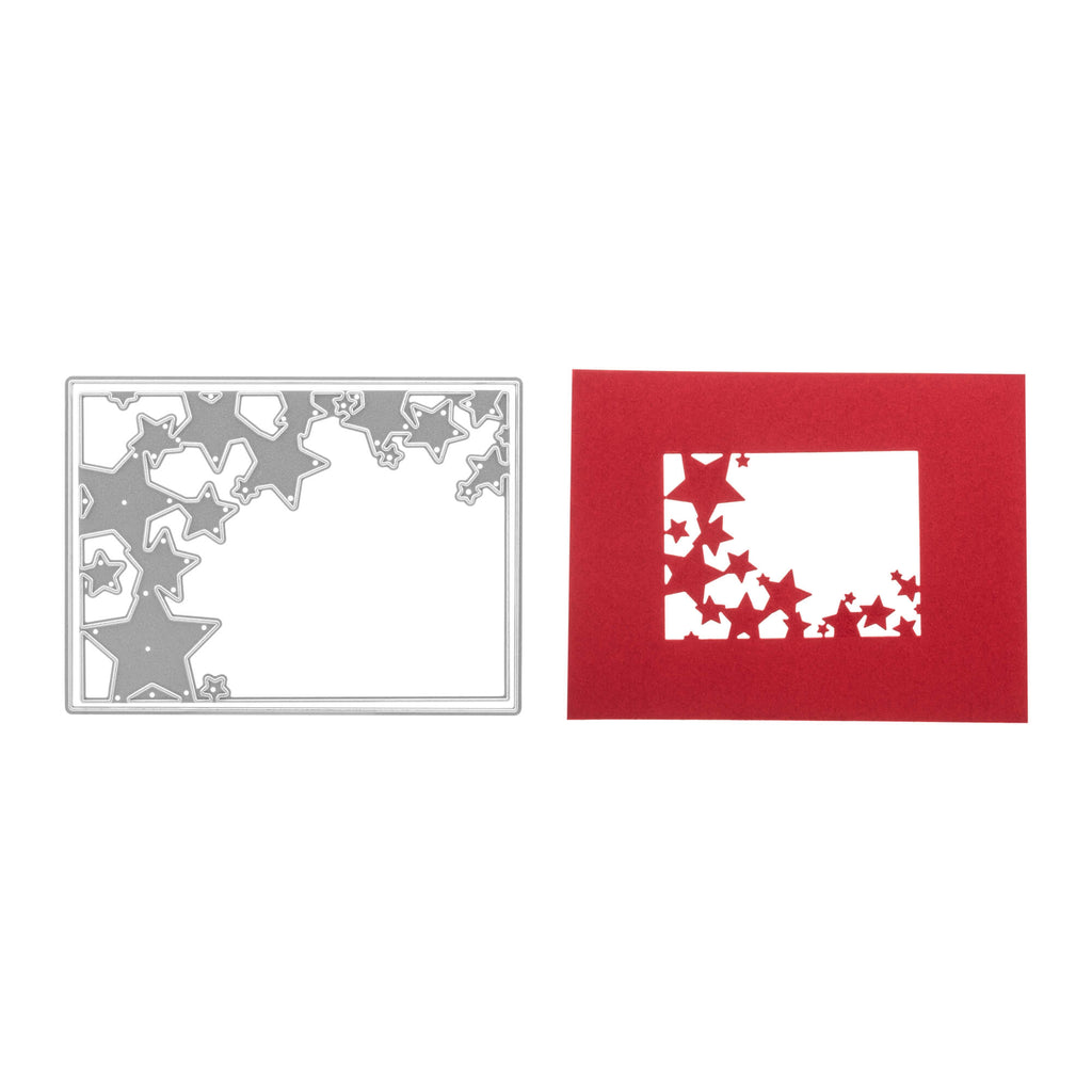 Stanzenshop.de bietet preiswerte Stanzschablonen zum Gestalten von zwei Karten mit Rahmenmotiv und Sternen.