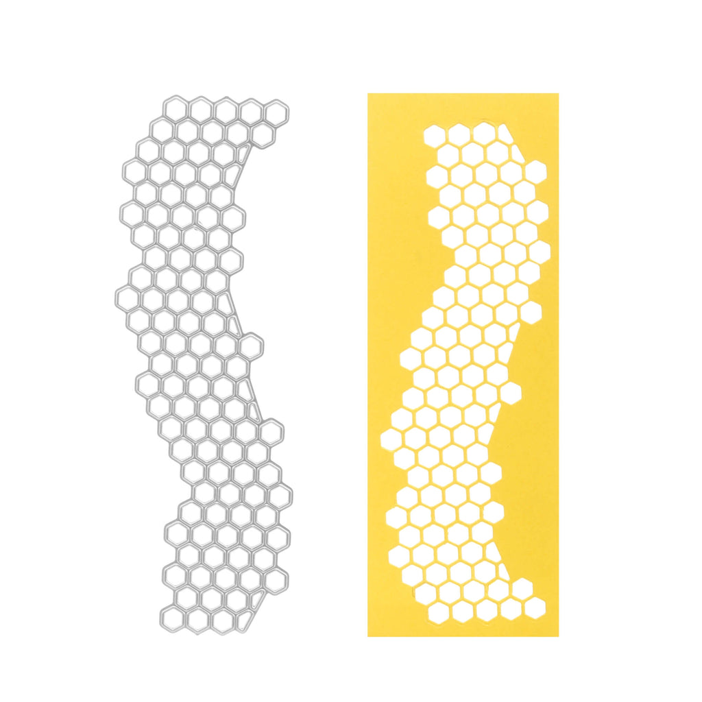 Zwei gelb-weiße Stanzschablonen: Muster in Wabenform auf weißem Hintergrund, von Stanzenshop.de.