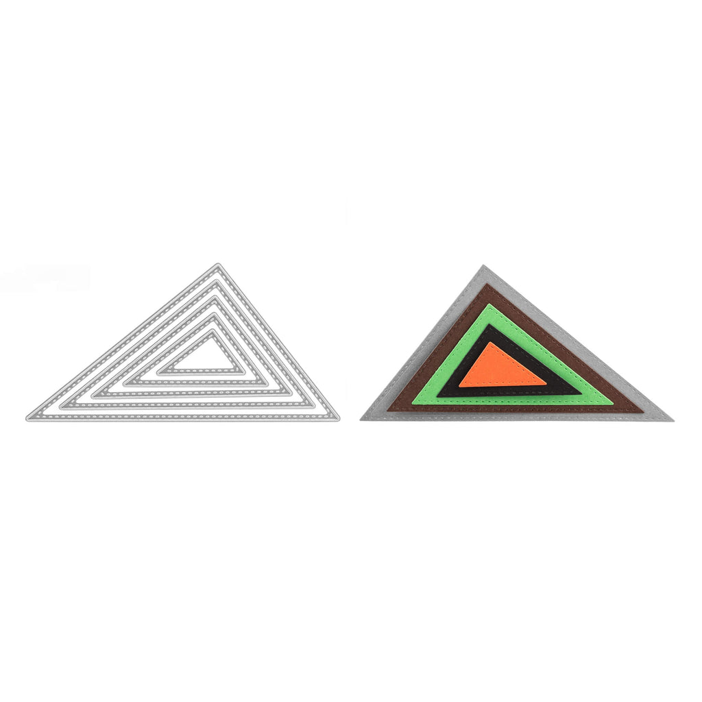Zwei Stanzschablonen Fünf Dreiecke mit gesticktem Rand auf weißem Hintergrund.