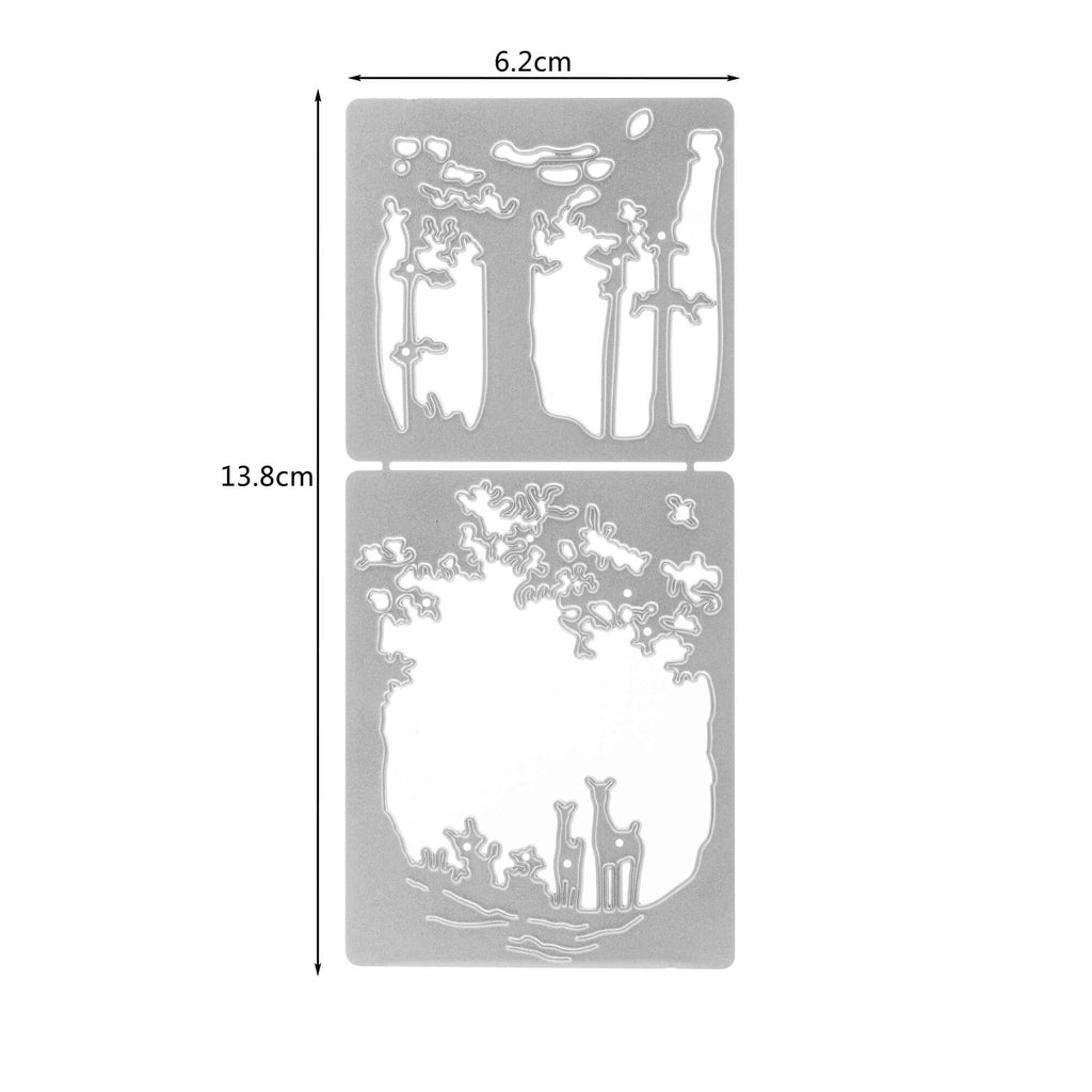 Eine weiße Stanzschablone: Zwei Naturlandschaften im Rahmen von Stanzenshop.de mit dem Bild eines Baumes und eines Hundes.