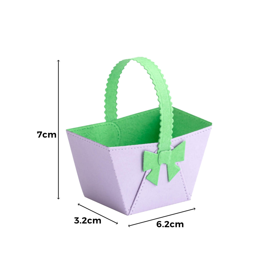 Ein lila-grüner Papierkorb mit Maßangaben, perfekt zum Basteln und Dekorieren, genannt „Stanzschablone Bastelset für einen Korb“ von Stanzenshop.de.