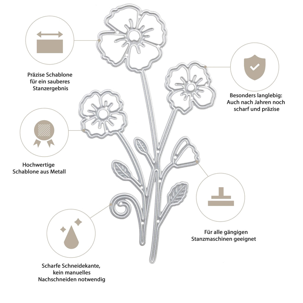 Ein Diagramm, das die Merkmale einer Stanzschablone Blume mit drei Blüten, Stanzschablone Blume, Pflanzen von Stanzenshop.de zeigt.