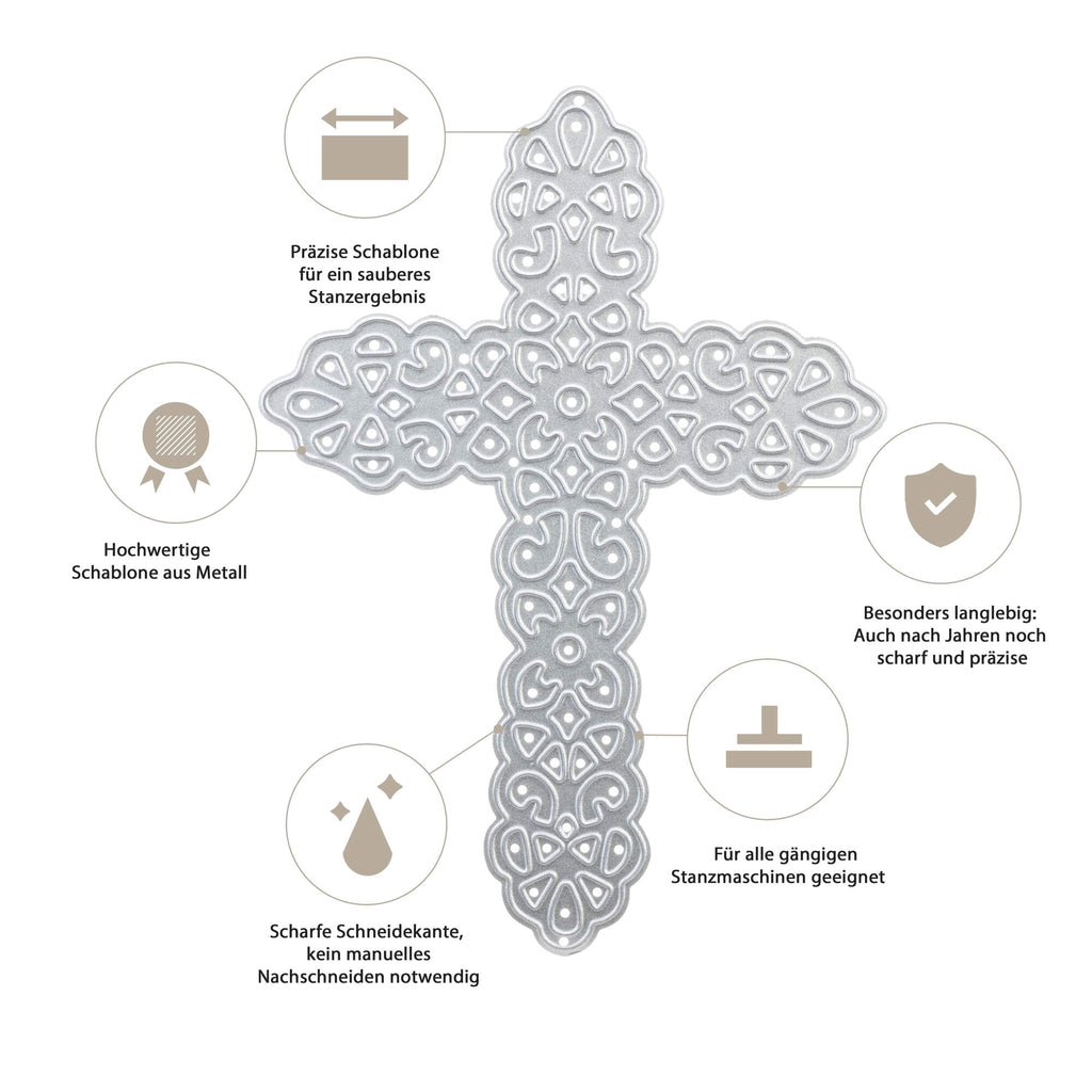 Ein Bild eines Kreuzes mit verschiedenen Merkmalen, erstellt mit der Stanzschablone Großes Kreuz von Stanzenshop.de.