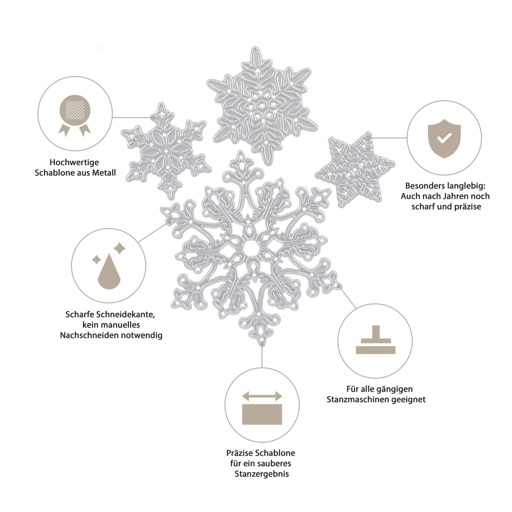 Ein Diagramm, das die verschiedenen Arten von Stanzschablonen Vier Schneeflocken in verschiedenen Größen, Schnee, Stanzschablone Weihnachten von Stanzenshop.de zeigt.