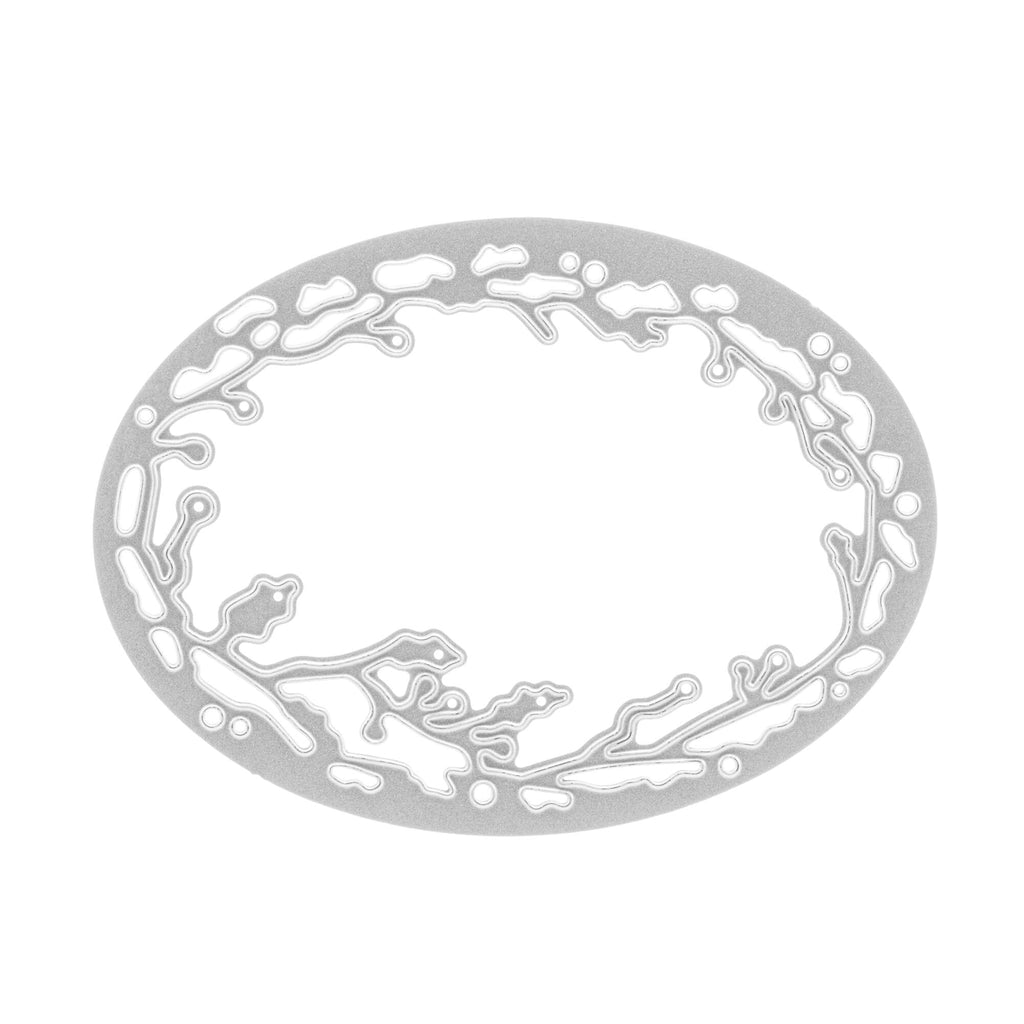 Ein weißer ovaler Rahmen mit dem Motiv der Stanzschablone: Kreis mit Ranken von Stanzenshop.de.