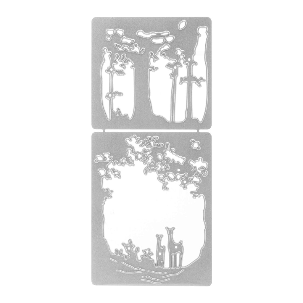 Ein weißes Blatt Papier mit dem Bild eines Baumes und eines Hirsches aus Stanzschablone: Zwei Naturlandschaften im Rahmen von Stanzenshop.de.