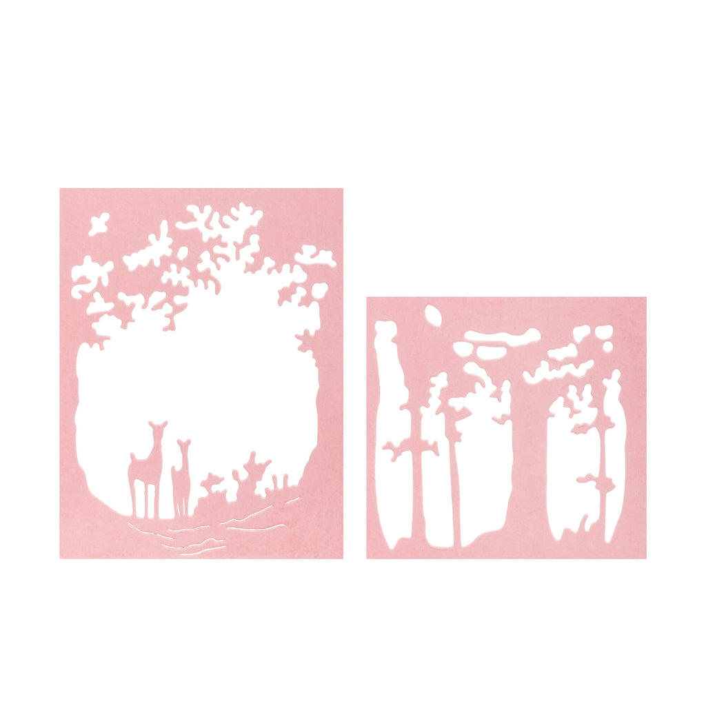 Zwei rosa Silhouetten eines Hirsches und eines Baumes: Stanzschablone: Zwei Naturlandschaften im Rahmen von Stanzenshop.de.