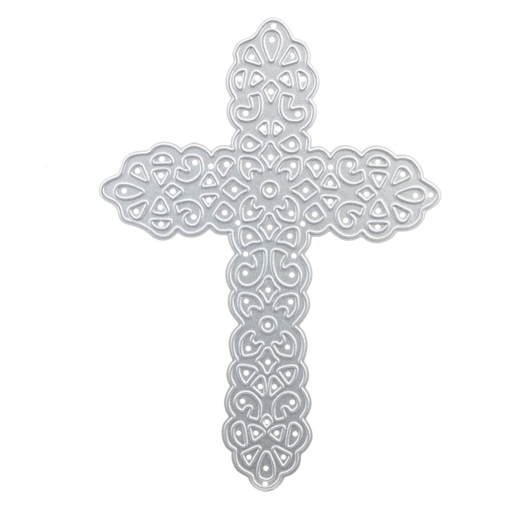 Ein verziertes Kreuz auf weißem Hintergrund, erstellt mit einer Stanzschablone Großes Kreuz und verziert mit einem Bastelergebnis von Stanzenshop.de.