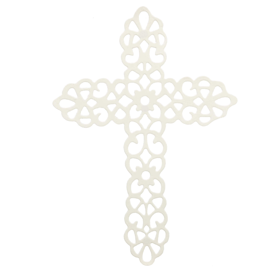 Eine verzierte weiße Stanzschablone Großes Kreuz auf weißem Hintergrund, erstellt mit einem Stanzenshop.de.