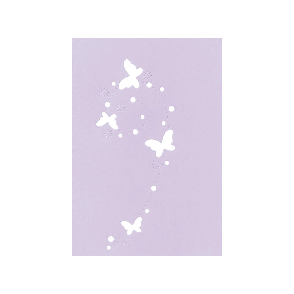 Die Stanzschablone: Schmetterlinge auf einer Welle von Stanzenshop.de zeigt weiße Schmetterlinge auf lila Hintergrund.