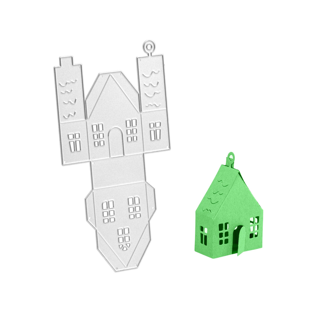Ein grünes Stanzschablone Bastelset Kleines Haus und ein weißes Stanzschablone Bastelset Kleines Haus auf weißem Untergrund, wunderschön gefertigt mit dem Stanzenshop.de.