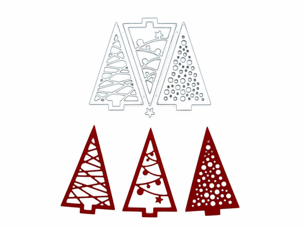 Ein Satz Stanzschablone Drei verschiedene Tannenbäume, Stanzschablone Weihnachtsbaum, Stanze Weihnachten Weihnachtsbäume in Rot und Weiß von Stanzenshop.de.