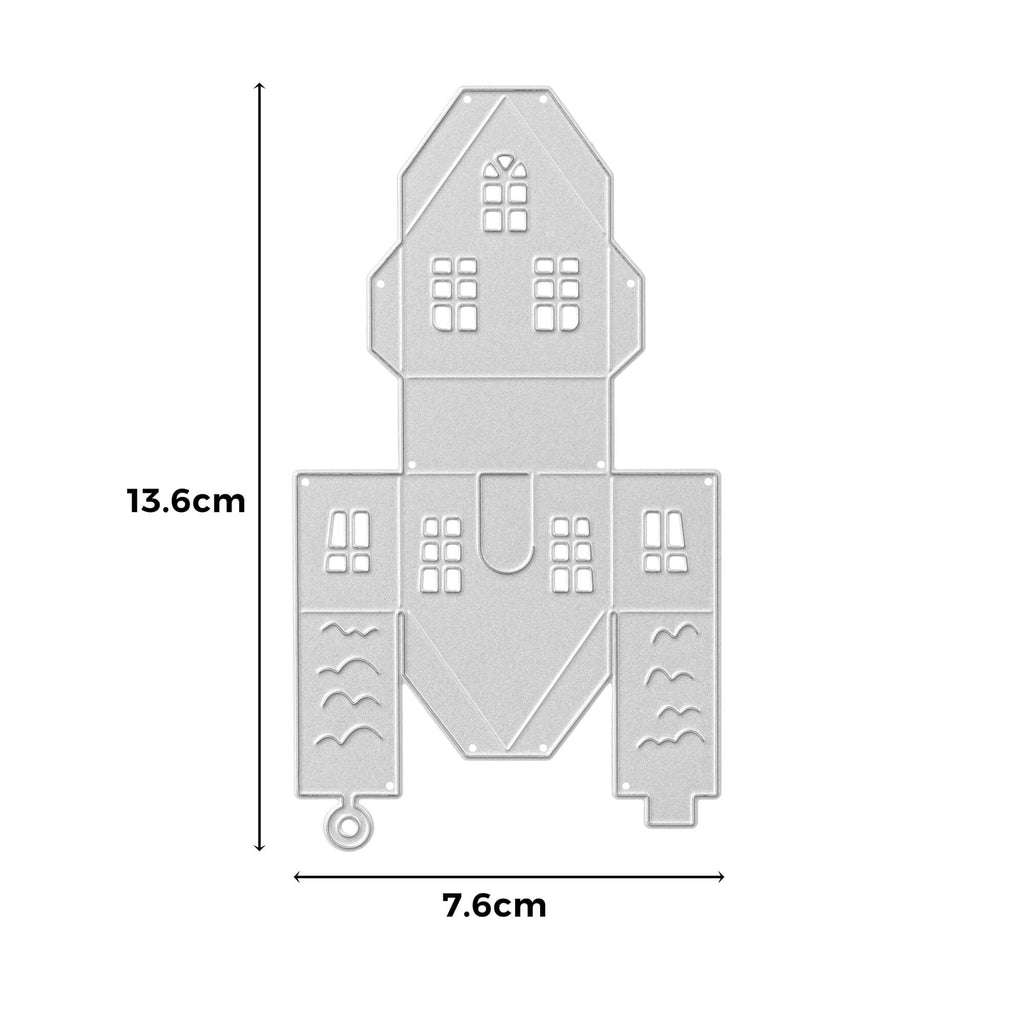 Abgebildet ist ein Modell eines Stanzschablone Bastelsets Kleines Haus, Stanzschablone Haus, Stanzschablone Box, Stanze Schachtel von Stanzenshop.de mit Maßangaben.