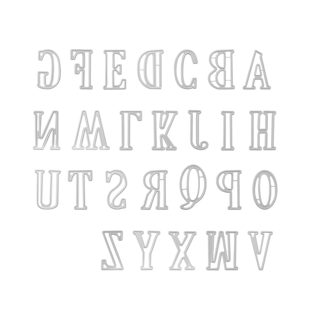 Ein Satz Stanzschablonen Großes Alphabet Buchstaben, Schrift von Stanzenshop.de auf weißem Hintergrund.